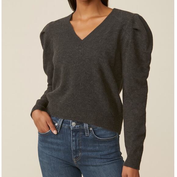 FRAME Cashmere Ruched Shoulder V-Neck Long Sleeve Sweater S - Picture 1 of 11